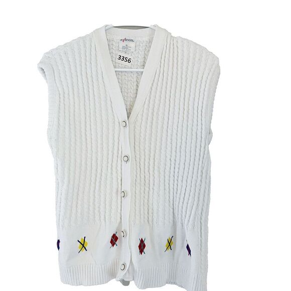 Vtg Aileen Womens White Cardigan Sweater Vest XL Ribbed Knit Argyle Golf Preppy - Picture 1 of 11